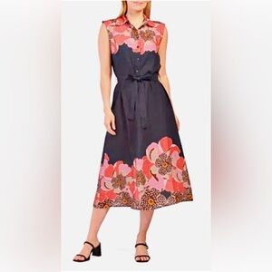 MAGARI NWT Linen Blend Floral Shirt Dress With Belt in Black-Red size medium